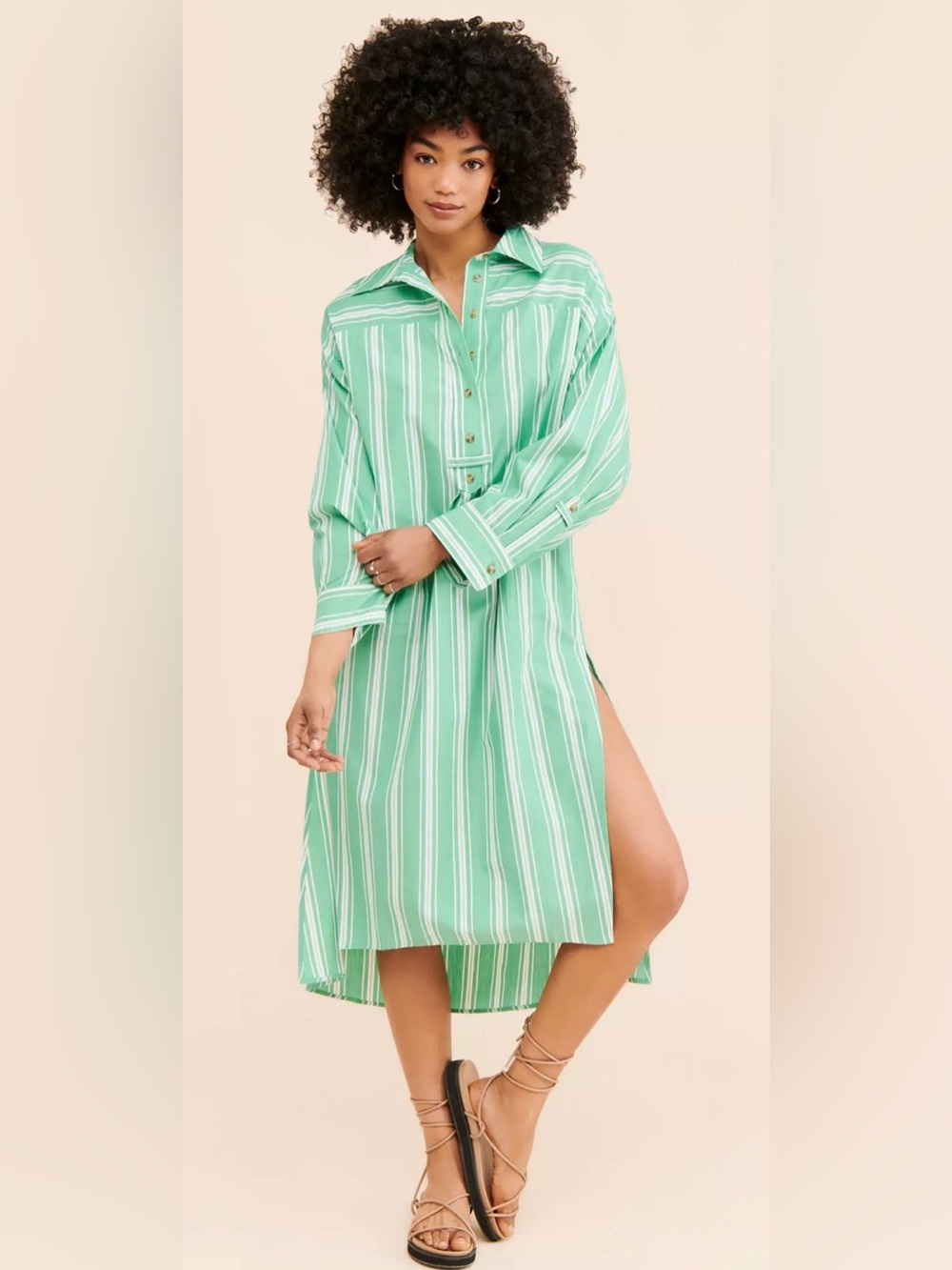 Anthropologie Mint Green and White Striped High-Low Shirt Dress
